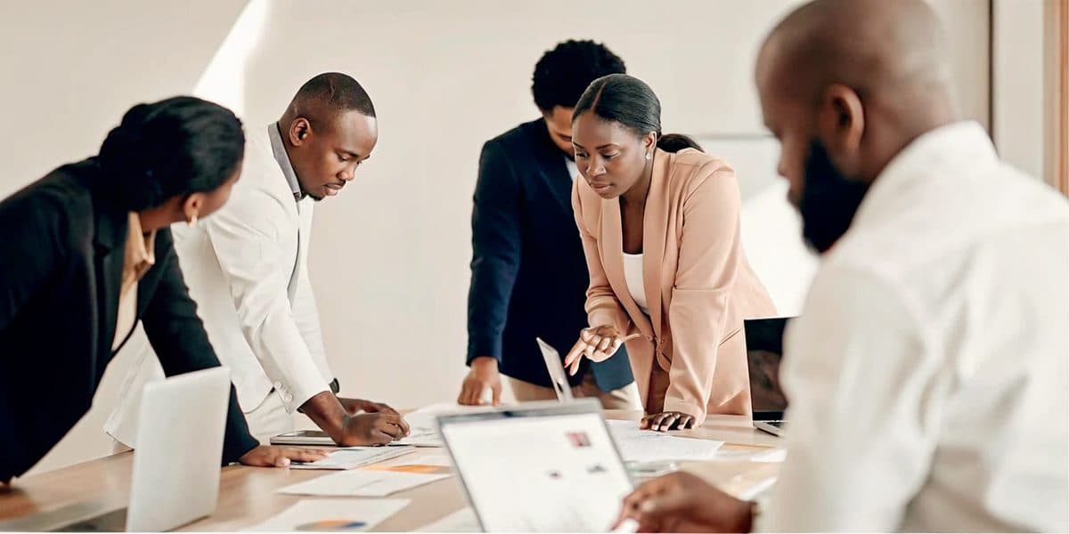 Business and healthcare leaders developing strategy in a boardroom
